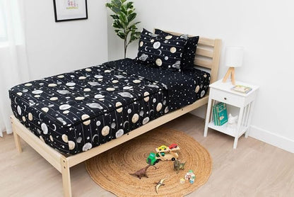 Beddy's Space Theme Durable Zipper Bedding for Kids, Bed in a Bag, Black Sheets and Universe Galaxy Comforter with Stars & Solar System, Includes Pillowcase and Sham, Easy to Make and Wash