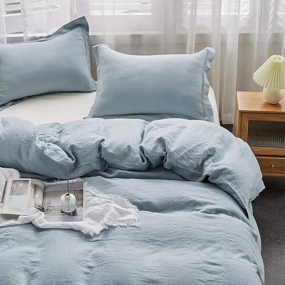Simple&Opulence 100% Washed Linen Duvet Cover Set with Embroidered,3 Pieces Soft Farmhouse Comforter Set with Button Closure,1 Duvet Cover and 2 Pillowshams(King,Dusty Blue)