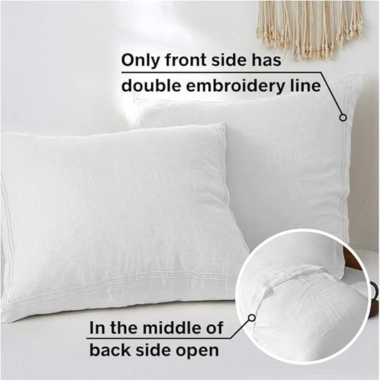 Simple&Opulence 100% French Linen Euro Shams with Embroidery (26'' x 26'') - Pack of 2 - Pre Washed Solid Color Natural Flax Soft Breathable - White
