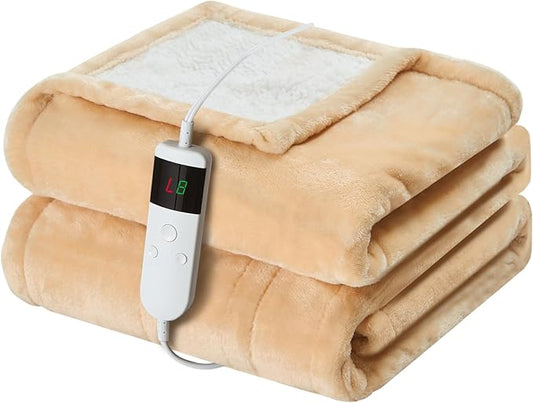 Electric Heated Blanket Throw Size 50''x60'' Soft Flannel & Sherpa Electric Blanket with 10 Heating Levels, Automatically Shut Down After 8h with Overheat Protection Machine Washable