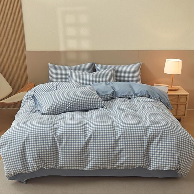 Nayoroom Blue Gingham Duvet Cover Queen Size 100% Washed Cotton Duvet Cover 3 Pieces Soft Breathable Yarn-Dyed Plaid Checkered Girls Dorm Bedding Set for All Seasons