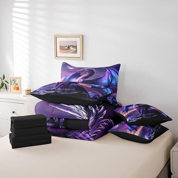 Feelyou Medieval Fantasy Dragon Comforter Set 7 Pieces King Size Ancient Wildlife Bedding Set for Boys Girls Fairy Bed in a Bag with Comforter, Sheets, Pillowcases & Cushion Covers