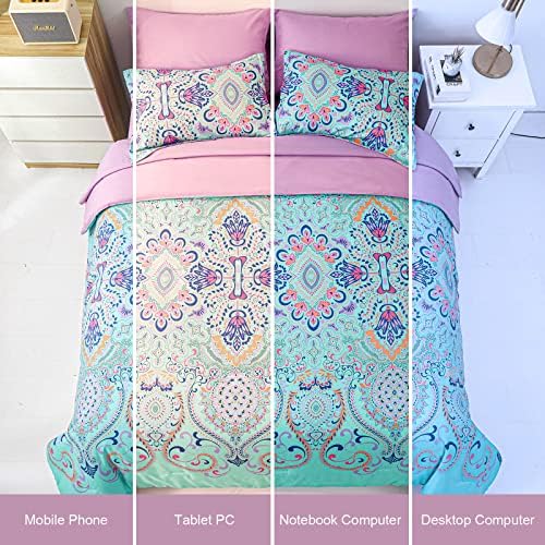 DHSFKBE Queen Comforter Set, 7 Piece Bed in a Bag, Boho Aqua and Lilac Damask Medallion Print Comforter with Sheets, Soft Microfiber Complete Bedding Set for All Season (Aqua, Queen)