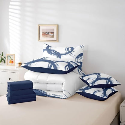Erosebridal Blue and White 7 Piece Comforter Set Queen Abstract Line Ink Painting Bedding Set for Kids Boys Girls Simple Minimalist Graffiti Art Modern Geometric Sheet Set Boho Cool Unique Mens Quilt