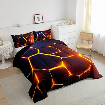 Honeycomb Print Bedding Set Red Black Fire Hexagonal Pattern Comforter Set for Kids Boys Girls Teens Beehive Geometrical Comforter Breathable Simplistic Duvet Set Room Decor Quilt Set Full Size
