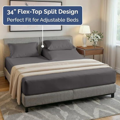 Flex Top Split Head King 4 Piece Sheet Set - Comfy Breathable & Cooling Bed Sheets Set - Hotel Luxury Bedding for Women, Men, Kids, Teens, Boys & Girls - Deep Pockets, Soft and Oeko-Tex - Dark Grey