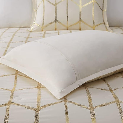 Intelligent Design Raina Full/Queen Comforter Set, Soft Microfiber, Modern Geometric Metallic Bed Set, 5 Pieces College Bedding with 2 Shams, 2 Toss Pillows Ivory/Gold