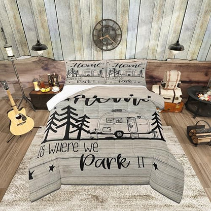 RV Happy Camping Bedding Comforters Queen Size,Home is Where We Park It Comforter Set Adult Women Room Decor, Farmhouse Camping Lovers Soft Duvet Set with 2 Pillowcases,3Pcs