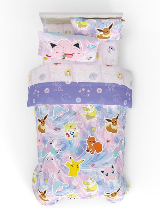Pokémon Girl Kids Bedding Twin Size – 5 Piece Comforter & Sheet Set with Sham – Super Soft – Eevee, Pikachu & Jigglypuff – (Officially Licensed Product) by Franco