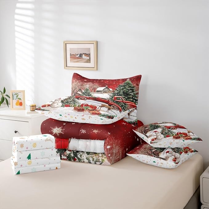 Castle Fairy Farmhouse Christmas 7 PCS Comforter Set,Xmas Truck Cute Snowman Bedding Set for Kids Girls,Rustic Pine Tree Deer Bed in a Bag with Comforter,Sheets and Pillow Cases,King
