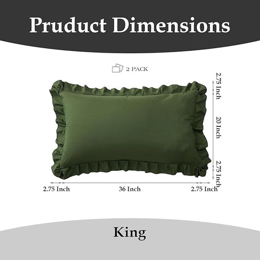 Ruffle Pillow Cases King Size Set of 2 – Soft Wrinkle Resistant Brushed Microfiber Ruffled Pillowcases –Envelope Pillow Shams Cover Festive Gift for Hotels, Guest Rooms 20x36 Inch (Olive Green)