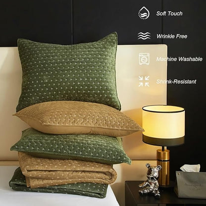 Powdion Velvet Quilt Queen, Oversized Bedspread Quilted Bedding Set, Luxurious Soft Coverlet Set Lightweight Velvet Comforter with 2 Pillow Shams,Brwon, 90x96 Cross Stitch Striped Quilt Queen