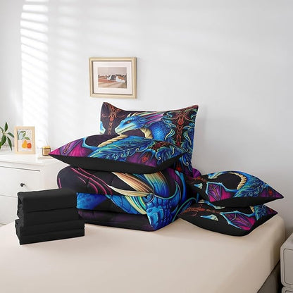 Erosebridal 3D Dragon Bed in a Bag Queen Comforter Set 7 Piece,Vintage Gothic Blue Dragon Bedding Sets Antique Wildlife Mythical Animal Sheet Set with Comforter