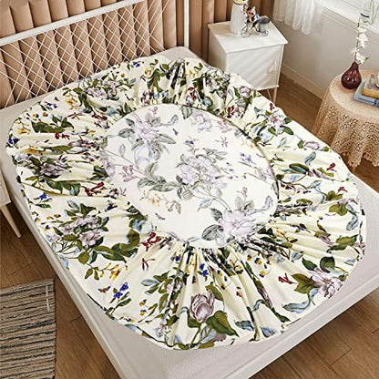 FADFAY Shabby Floral Sheets Twin 100% Cotton 600 TC White Flower and Green Leaves Bedding Vintage Garden Botanical Print Country Side Bed Sheet Soft Hypoallergenic Deep Pocket Sheet 17.5''
