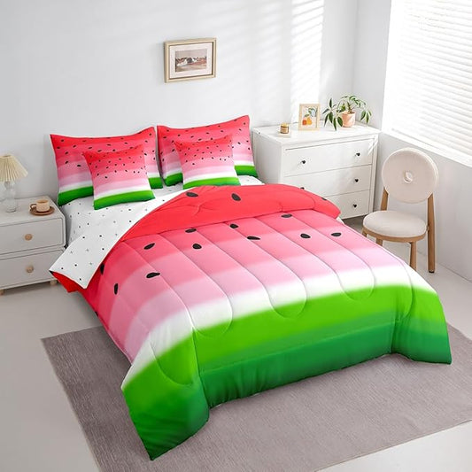Castle Fairy 7 Pcs Watermelon Bedding Sets Red Pink Green Stripes Print Comforter Set for Kids Teens Adults All Season (Comforter Flat Sheet Fitted Sheet 2 Pillowcases 2 Throw Pillow Covers) Queen
