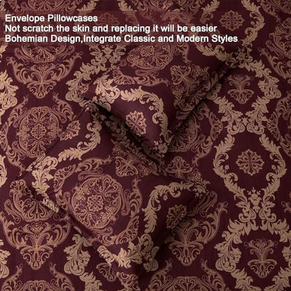 WONGS BEDDING Burgundy Comforter Set Queen Size, Maroon Damask Texture 7 Pieces Bed in a Bag Microfiber Comforter Bedding Sets -1 Comforter, 1 Flat Sheet, 1 Fitted Sheet, 2 Pillow Shams, 2 Pillowcases