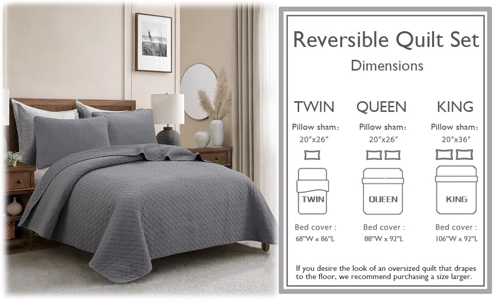 Cozy Line Home Fashions 100% Cotton Quilt Set – 3-Piece Charcoal Gray Solid Classic Modern Quilted Bedspread with Shams, Lightweight All Season Modern Bedding (Diamond Gray, Queen)