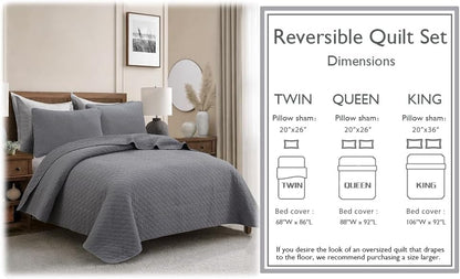 Cozy Line Home Fashions 100% Cotton Quilt Set – 3-Piece Charcoal Gray Solid Classic Modern Quilted Bedspread with Shams, Lightweight All Season Modern Bedding (Diamond Gray, Queen)