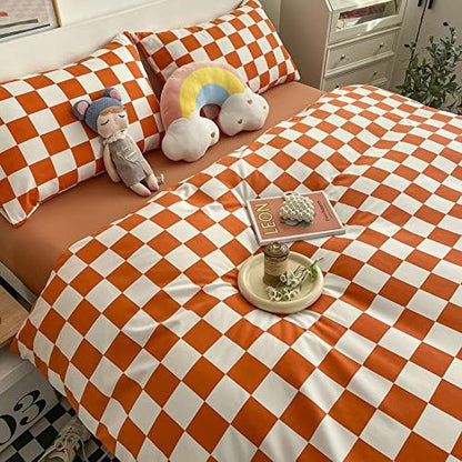 Wellboo Orange White Plaid Comforter Sets Queen Women Girls Light Red Checkerboard Bedding Comforters Cotton Rust Caramel and White Checkered Geometric Quilts Adults Modern Grid Abstract Simple Bed
