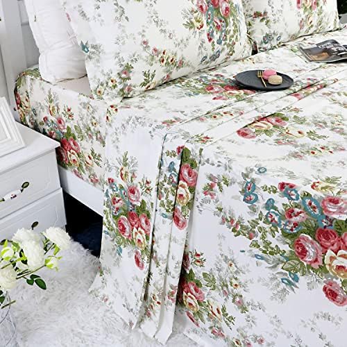 FADFAY Garden Floral Sheet Set Twin Vintage Rose 100% Cotton Hypoallergenic White and Grey Bed Sheets Ultra Soft Girls Princess Romantic Rose Kids Bedroom Deep Pocket Fitted Sheet 4-Pcs