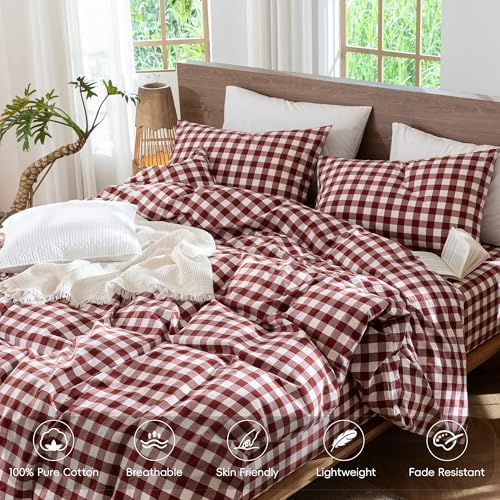 MooMee Gingham Duvet Cover Set 100% Washed Cotton Linen Like