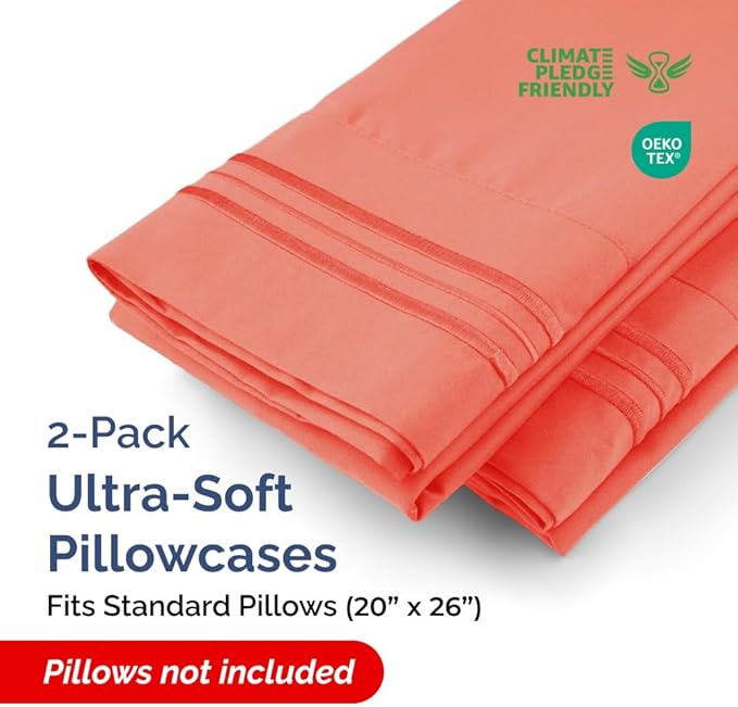 Standard Pillow Cases Set of 2 - Ultra-Soft Hotel Quality Pillowcase Covers - Comfy & Wrinkle Free - Stain and Fade Resistant - Machine Washable Pillow Protectors - 2 Piece Set - Standard Coral