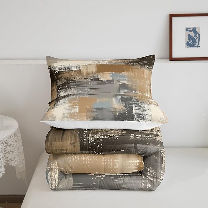 Graffiti Grunge Comforter Set,Brown Grey Tie Dyed Bedding Sets for Women Men,Hand Painted Watercolor Duvet Insert Lightweight,Ombre Oil Painting Down Comforter with 2 Pillowcases Warm,Queen