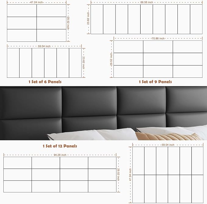 IFNOW Wall Mounted Headboard, Peel and Stick Panels, Black, King | Upholstered 3D Soundproof Acoustic Panels Reusable and Removable Padded Leather Bed Headboard, 12 Panels 9.84" x 23.62"