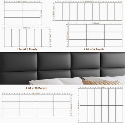 IFNOW Wall Mounted Headboard, Peel and Stick Panels, Black, King | Upholstered 3D Soundproof Acoustic Panels Reusable and Removable Padded Leather Bed Headboard, 12 Panels 9.84" x 23.62"