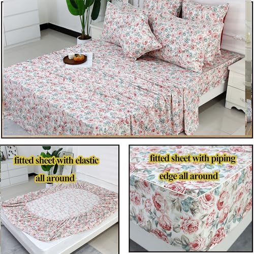 FADFAY Rose Floral Sheets Set King Vintage Red Floral Bedding Shabby Rustic Rose Sheets French Country Farmhouse Bedding 800 Thread Count 100% Egyptian Cotton Deep Pocket Fitted Sheet 4Pcs, King Size