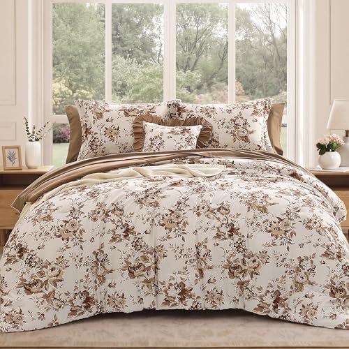 BLOOMHAVEN Full Size Comforter Sets-7 Pieces Brown Floral Bed in a Bag