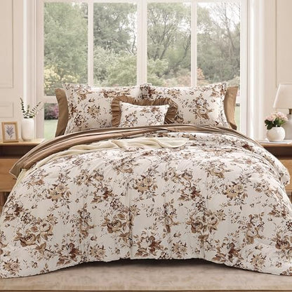 BLOOMHAVEN Full Size Comforter Sets-7 Pieces Brown Floral Bed in a Bag
