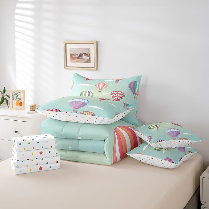 Watercolor Hot Air Balloon Bed in a Bag Comforter Set,Hand Drawn Clouds King Size 7 Pieces for Kids Teens,White Polka Dot Bedding Set with Comforter, Sheet Set, Pillowcases, Pillow Covers