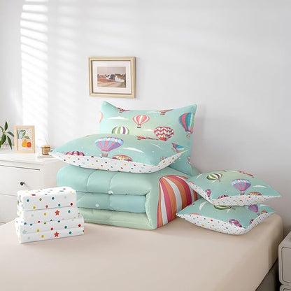 Watercolor Hot Air Balloon Bed in a Bag Comforter Set,Hand Drawn Clouds King Size 7 Pieces for Kids Teens,White Polka Dot Bedding Set with Comforter, Sheet Set, Pillowcases, Pillow Covers