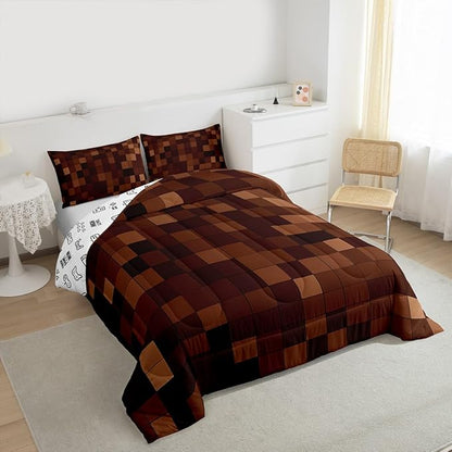 Miners Pixel Checked Kids Comforter Set Twin Size,Video Games Check Lattice Bedding Set Boys Girls Room Decor,Game Cartoon Gamepad Quilt Comforter,Dark Brown Duvet Set Bedroom Quilt Set,1 Pillowcase