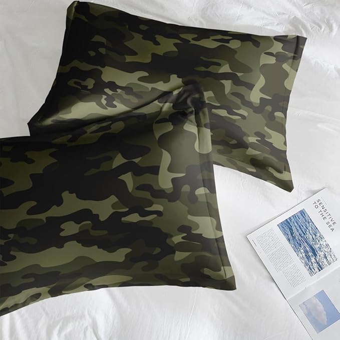 Comforter Set King Size, Army Camouflage Camo 7 Pcs Bedding for Kids and Adults, Military French Green Bed Sheet Sets with Fitted Sheet 2 Pillowcases & 2 Shams for Bedroom Bed Decor