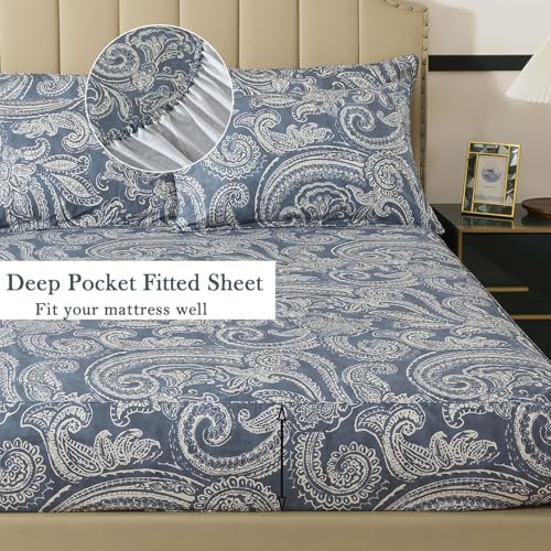 FADFAY Twin XL Sheet Set – 4 Piece Bed Sheets for College Dorms, Vintage Blue Grey Paisley Floral Pattern Soft and Breathable 100% Cotton, Includes 1 Fitted Sheet, 1 Flat Sheet and 2 Pillowcases