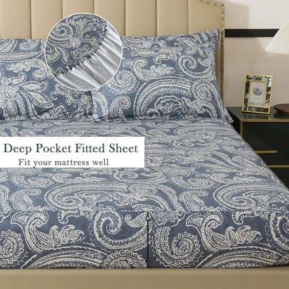 FADFAY Twin XL Sheet Set – 4 Piece Bed Sheets for College Dorms, Vintage Blue Grey Paisley Floral Pattern Soft and Breathable 100% Cotton, Includes 1 Fitted Sheet, 1 Flat Sheet and 2 Pillowcases