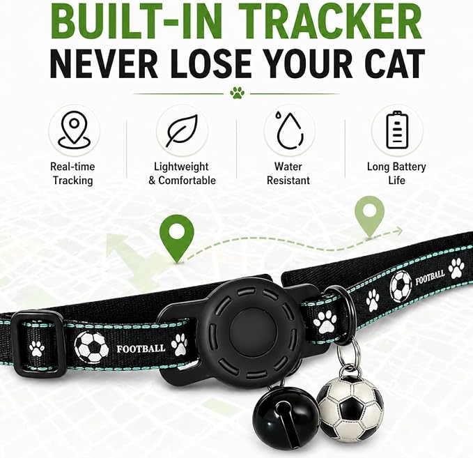 GPS Collar for Cats (Android Only) Pet Tracker, Soccer Style Smart Tag Compatible with Google Find My, Waterproof No Monthly Fee Cat Tracking Collar, Game Day Football Design for Pet Safety