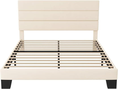 Allewie Queen Size Platform Bed Frame with Velvet Upholstered Headboard and Wooden Slats Support, Fully Upholstered Mattress Foundation/No Box Spring Needed/Easy Assembly, Cream