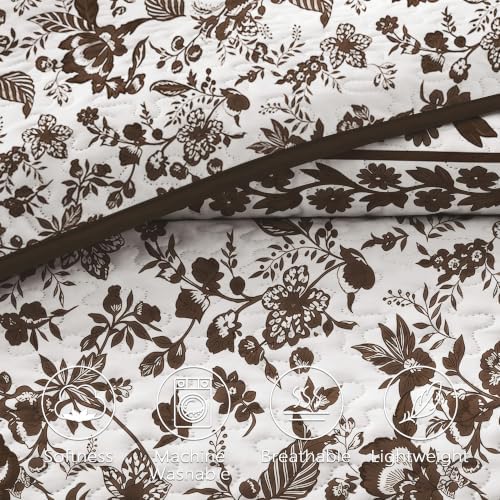 FLYMME Brown and White Vintage Floral Quilt Set Twin Size, 2-Piece Classic Reversible Bedspread Coverlet with 1 Pillow Sham, Lightweight Botanical Bedding Set for All Season