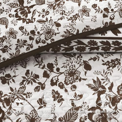 FLYMME Brown and White Vintage Floral Quilt Set Twin Size, 2-Piece Classic Reversible Bedspread Coverlet with 1 Pillow Sham, Lightweight Botanical Bedding Set for All Season