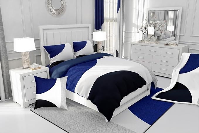 Erosebridal Navy Blue Abstract Comforter Set Twin,Black and White Boho Geometric Circle Bedding for Minimalist,Striped Lines Modern Art Quilt,Watercolor Creative Artwork Bedding Comforter Sets