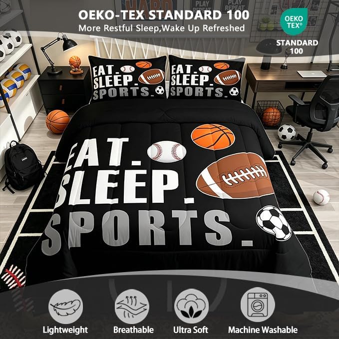 Feelyou Twin Size Sports Comforter Set Boys Girls Bedding Set for Sports Lover Gift Ultra Soft Football Soccer Basketball Baseball Quilt Breathable Lightweight Microfiber Black Ball Game Room Decor