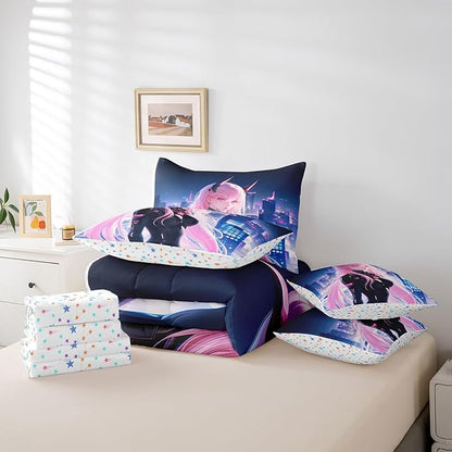 Erosebridal Japanese Anime Bed in A Bag with Sheets Twin, Anime Girl Comforter Set 7 Piece Kawaii Japanese Style Bedding Set Cartoon Japan Animation Bed Set for Boys Teens Adult Women Bedroom