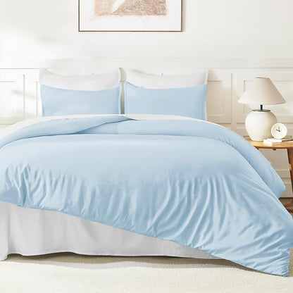 Litanika Comforters Light Blue Queen Size, 3 Pieces Lightweight Solid Bedding Comforter Set, All Season Fluffy Bed Set (90x90In Comforter & 2 Pillowcases)