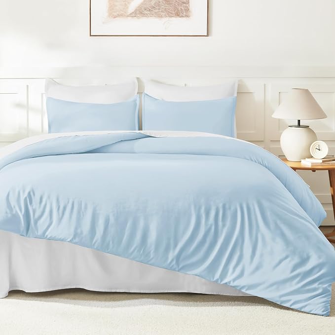 Litanika Comforters Light Blue California King Size, 3 Pieces Cal King Lightweight Solid Bedding Comforter Set, All Season Fluffy Bed Set (104x96In Comforter & 2 Pillowcases)
