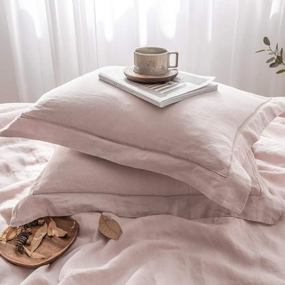 Simple&Opulence 100% Washed Linen Duvet Cover with Embroidered, 3 Pieces Soft Farmhouse Comforter Set with Button Closure,1 Duvet Cover and 2 Pillowshams (Queen,Dusty Pink)