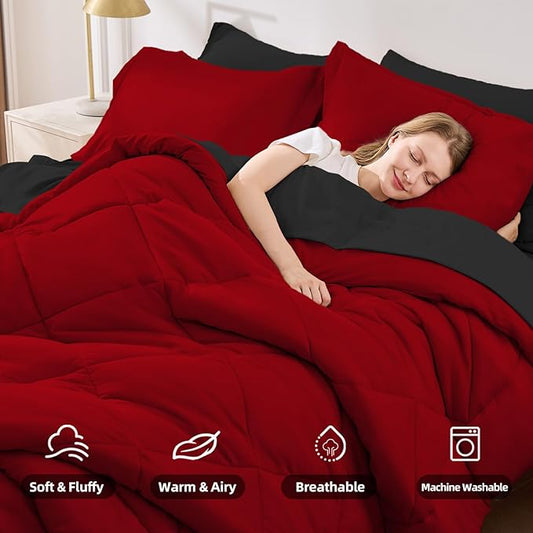 FUANNA 7 Pieces King Size Comforter Set, All Season Bed in a Bag King Size, Luxury Soft Bedding Sets with Comforter, Flat Sheet, Fitted Sheet, Pillowcases & Pillow Shams, Red & Black