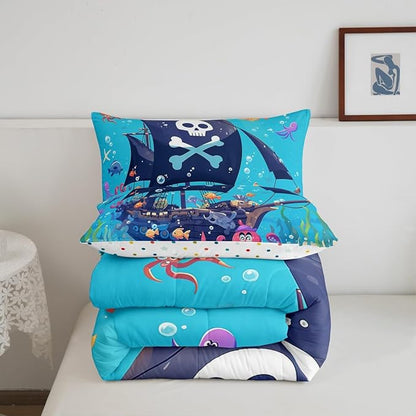 Castle Fairy Cartoon Pirate Boat Comforter Set Full Size Cute Octopus Ocean Fish Bedding Set Bedroom Decor Funny Undersea World Quilt Set for Kids Boys Girls Watercolor Seaweed Duvet Insert 3Pcs